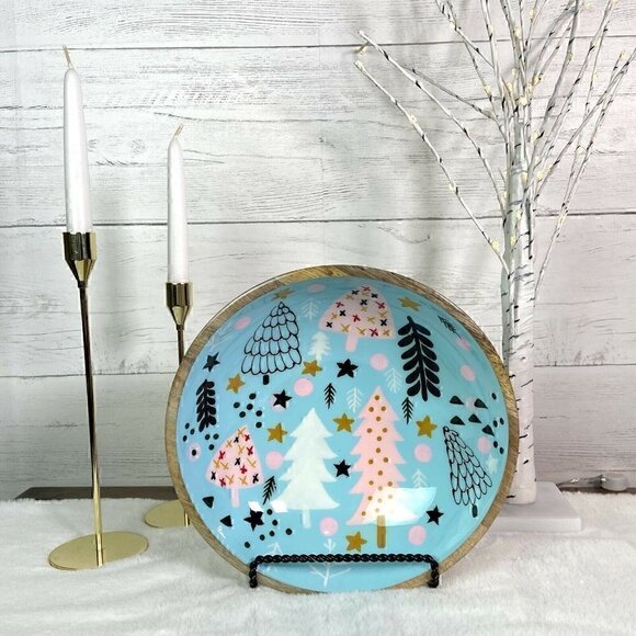 NEW Handpainted Mango Wood Scandinavian Style Christmas Serving Bowl - Picture 3 of 5